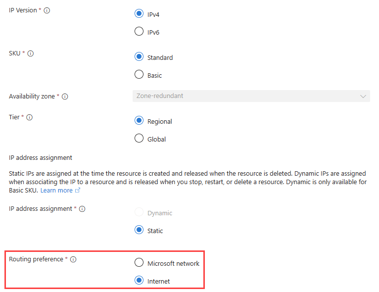 Screenshot che mostra la configurazione delle preferenze di routing Internet per un indirizzo IP pubblico nel portale di Azure.