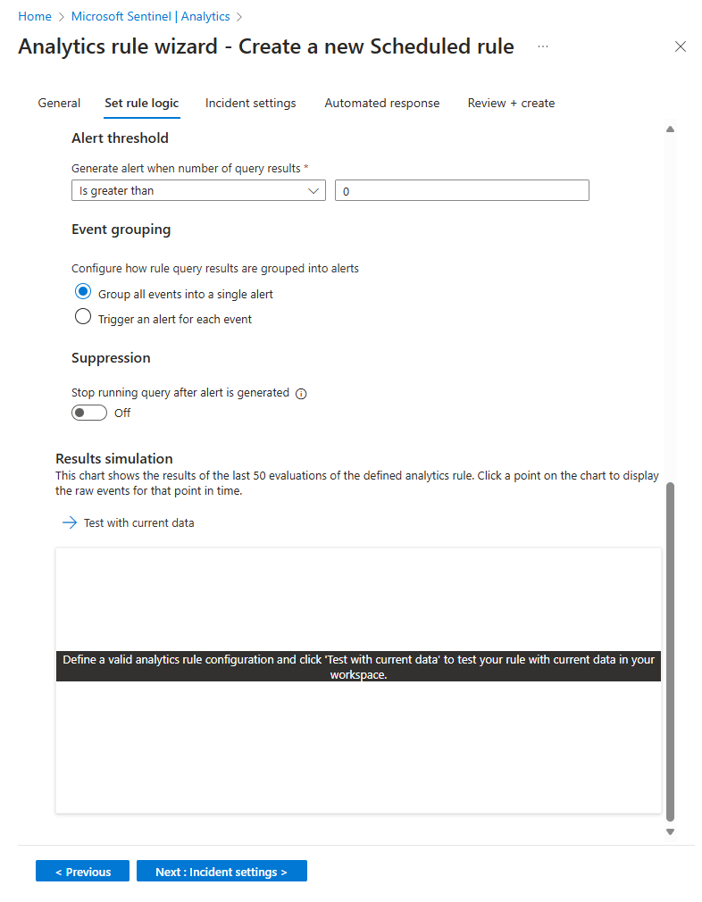 Screenshot della seconda metà della scheda Imposta la logica della regola nella procedura guidata per le regole di analisi nel portale di Azure.