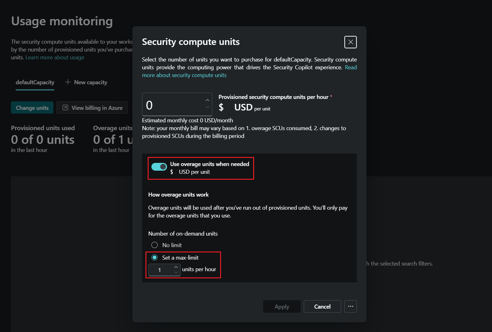 Screenshot delle impostazioni di monitoraggio dell'utilizzo Security Copilot.