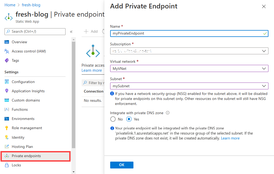 Screenshot della finestra di dialogo Aggiungi endpoint privato nel portale di Azure.