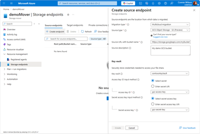 Schermata che mostra i campi relativi alla finestra 'Crea endpoint di origine' di Storage Mover.