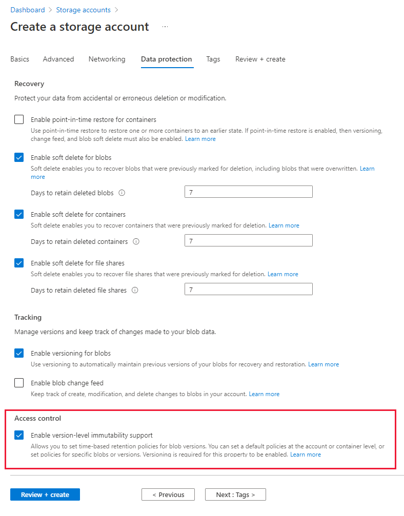 Screenshot che mostra come creare un account di archiviazione con il supporto dell'immutabilità a livello di versione