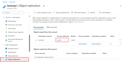 Screenshot che mostra come individuare l'opzione Abilita replica prioritaria per le regole di replica esistenti.