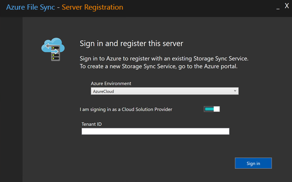 Screenshot dell'interruttore Cloud Solution Provider e della casella relativa all'ID tenant nella finestra di dialogo Registrazione server.