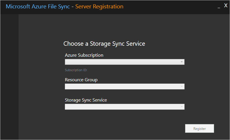 Screenshot della finestra di dialogo Registrazione server, con i dettagli relativi a sottoscrizione, gruppo di risorse e servizio di sincronizzazione archiviazione.