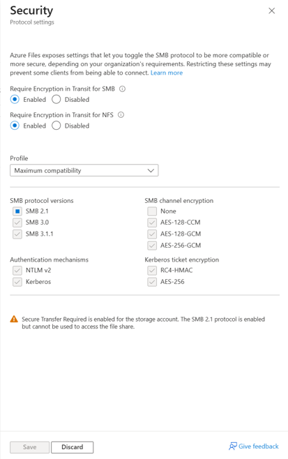 Screenshot che mostra la finestra di dialogo per richiedere la crittografia in transito per SMB o modificare le impostazioni di sicurezza per le versioni del protocollo SMB, la crittografia del canale SMB, i meccanismi di autenticazione e la crittografia dei ticket Kerberos.