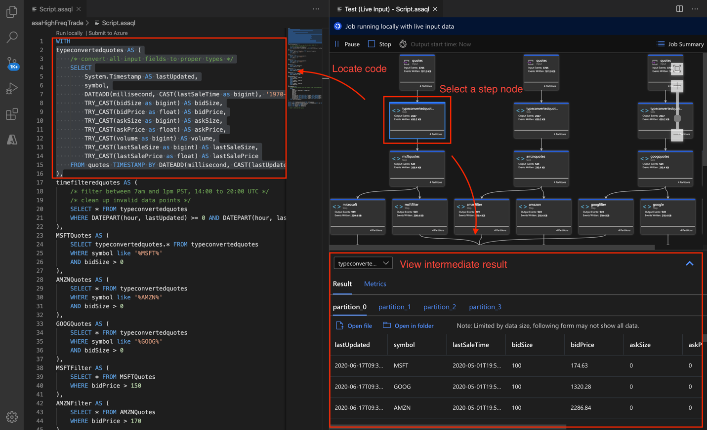 Screenshot del diagramma del lavoro in Visual Studio Code che mostra il risultato di anteprima per un passaggio di query.