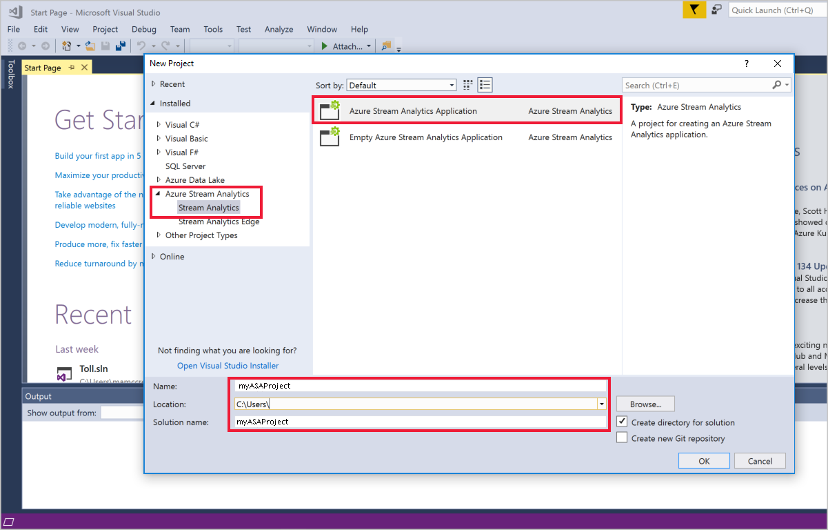 Screenshot della finestra di dialogo New Project con il template Stream Analytics e l'applicazione Analisi di flusso di Azure selezionati, e le caselle Nome, Posizione e Nome Soluzione evidenziate.