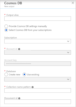 Screenshot che mostra i campi informativi per un flusso di output di Azure Cosmos DB.