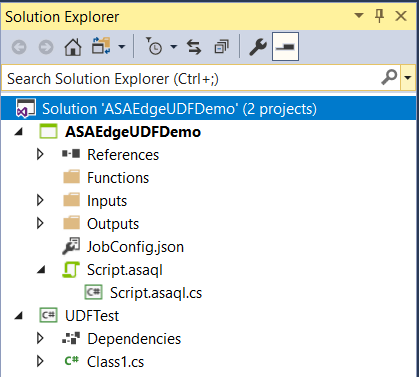 Screenshot di un progetto Analisi di flusso di Azure IoT Edge in Visual Studio.