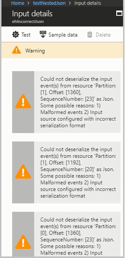 Schermata che mostra una notifica di avvertimento relativa ai dettagli di input.