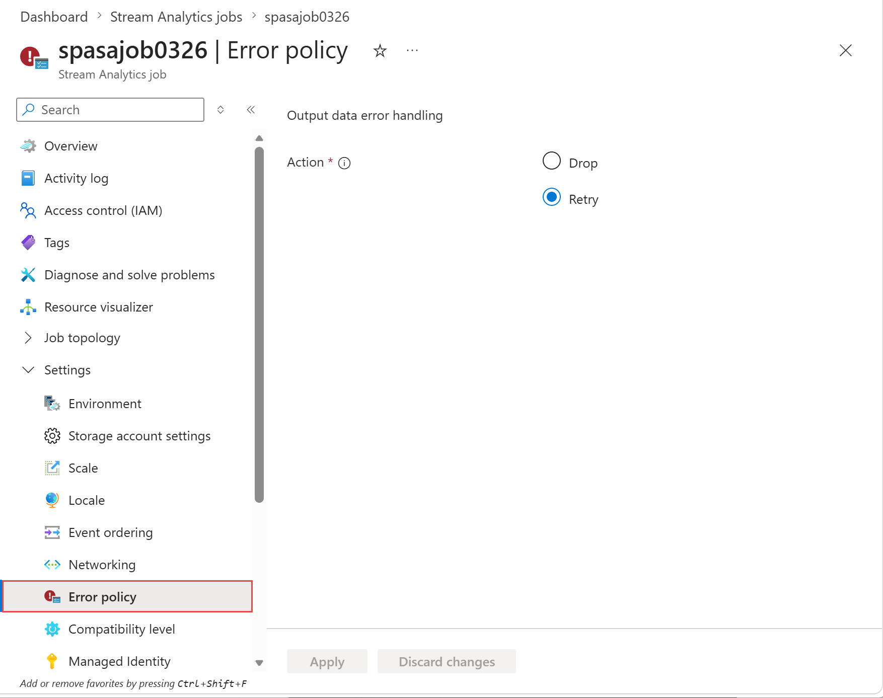 Schermata che mostra l'opzione Criterio di errore nella sezione Configura di un processo di Stream Analytics nel portale di Azure.