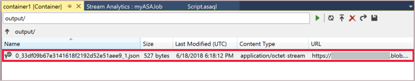 Screenshot che mostra i risultati di output nel container blob container1.