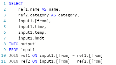 Schermata di un esempio di query di Stream Analytics che unisce un input di Hub eventi con due BLOB di riferimento tramite SELECT INTO.