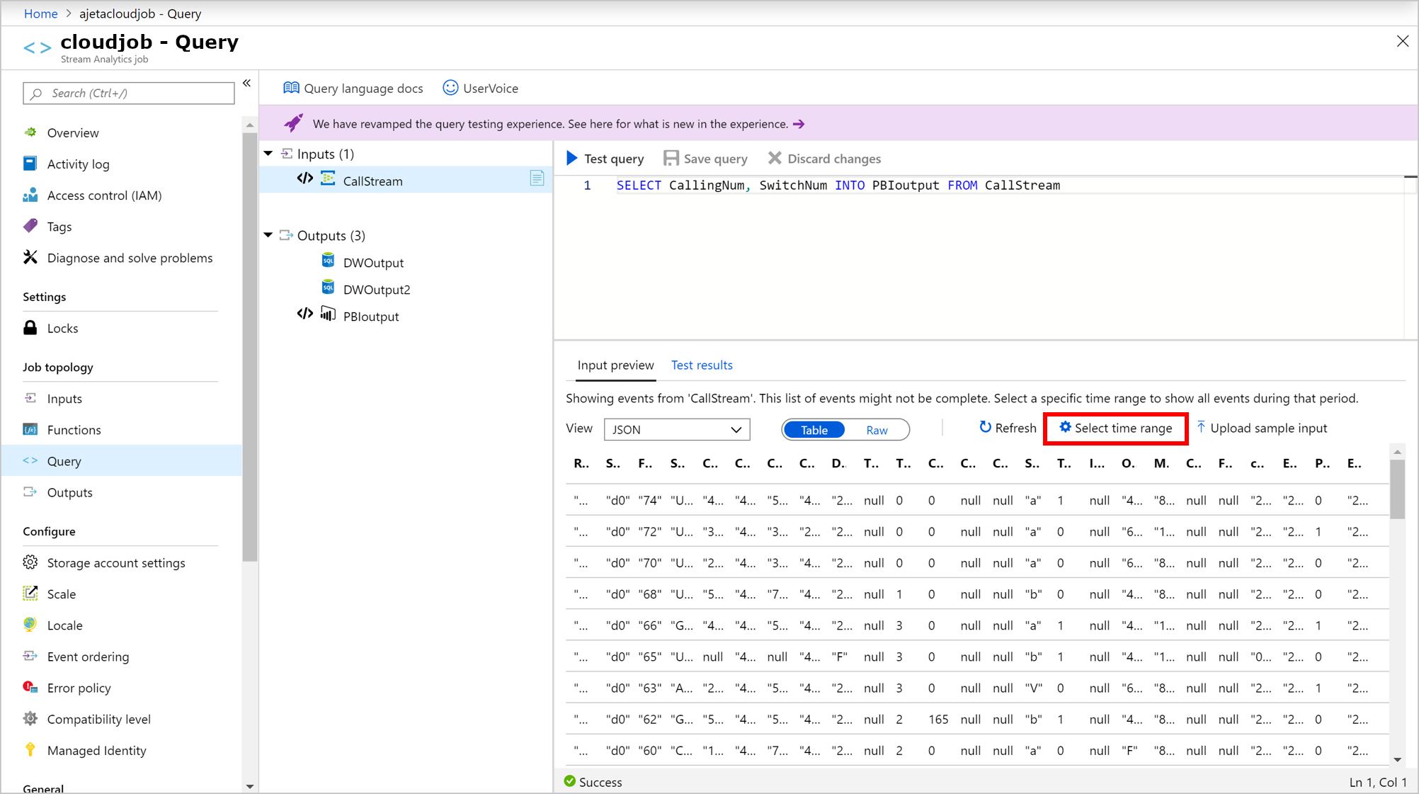 Screenshot del selettore dell'intervallo di tempo Analisi di flusso di Azure per gli eventi di esempio in ingresso.