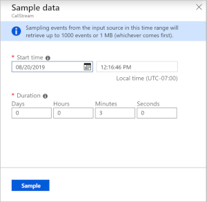 Screenshot della finestra di dialogo Analisi di flusso di Azure per impostare un intervallo di tempo per gli eventi di esempio.