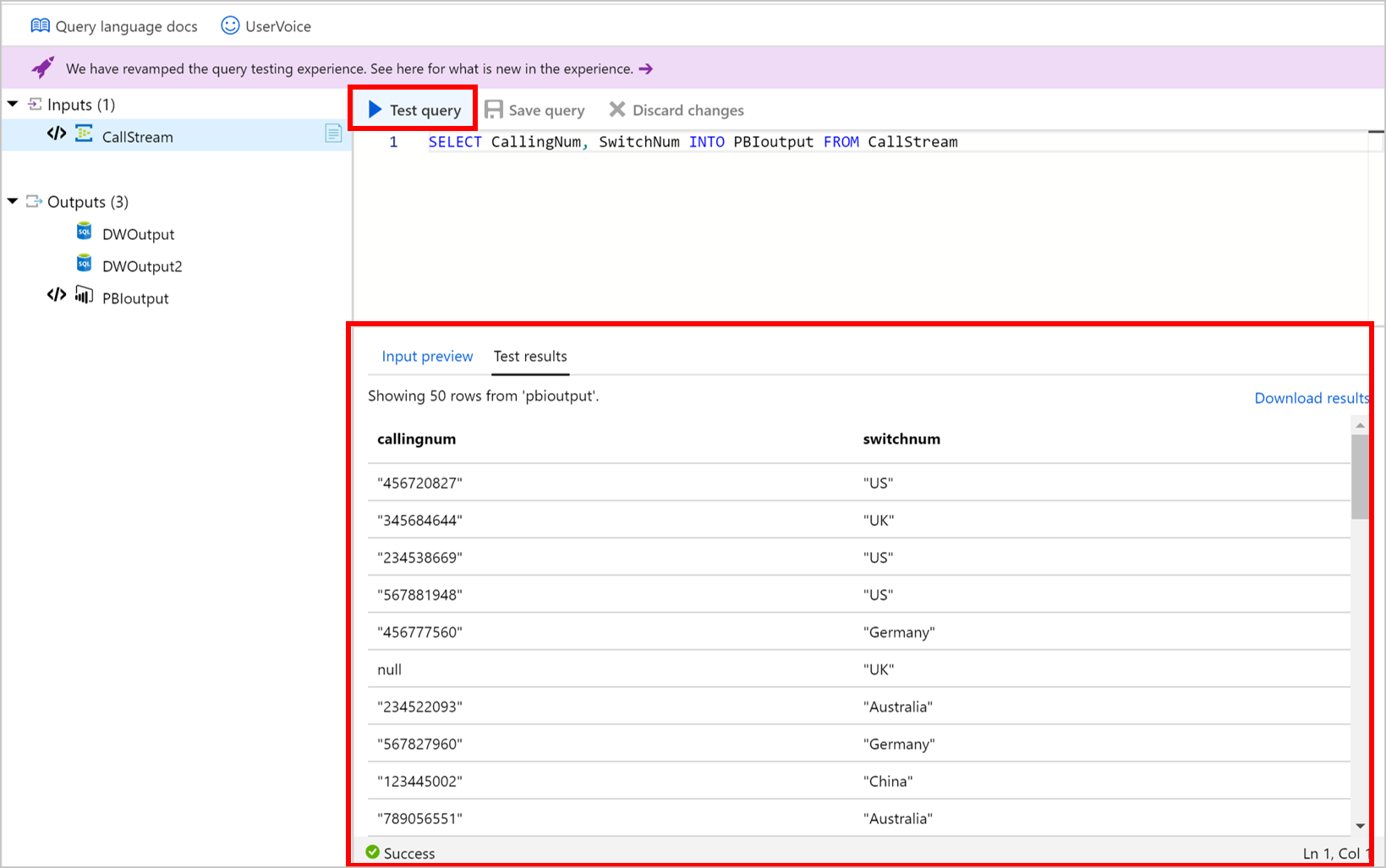 Schermata dei risultati della query di test di Analisi di flusso di Azure nella scheda Risultati dei test.