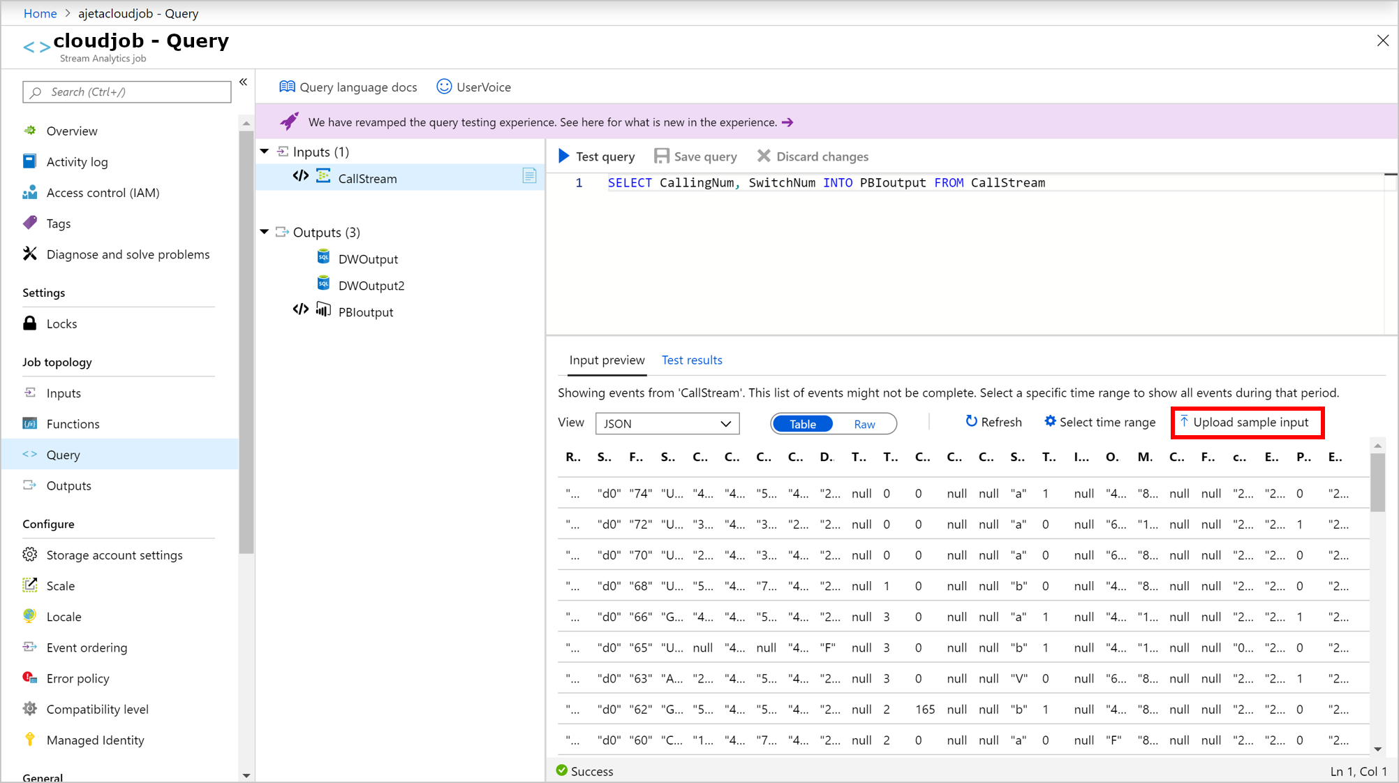 Schermata dell'opzione Carica input di esempio nella scheda Anteprima input di Analisi di flusso di Azure.