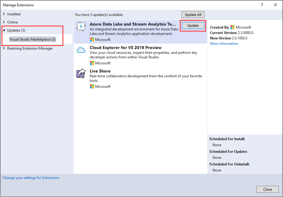 Screenshot della finestra Manage Extensions in Visual Studio che mostra l'aggiornamento di Azure Data Lake e Stream Analytics Tools.