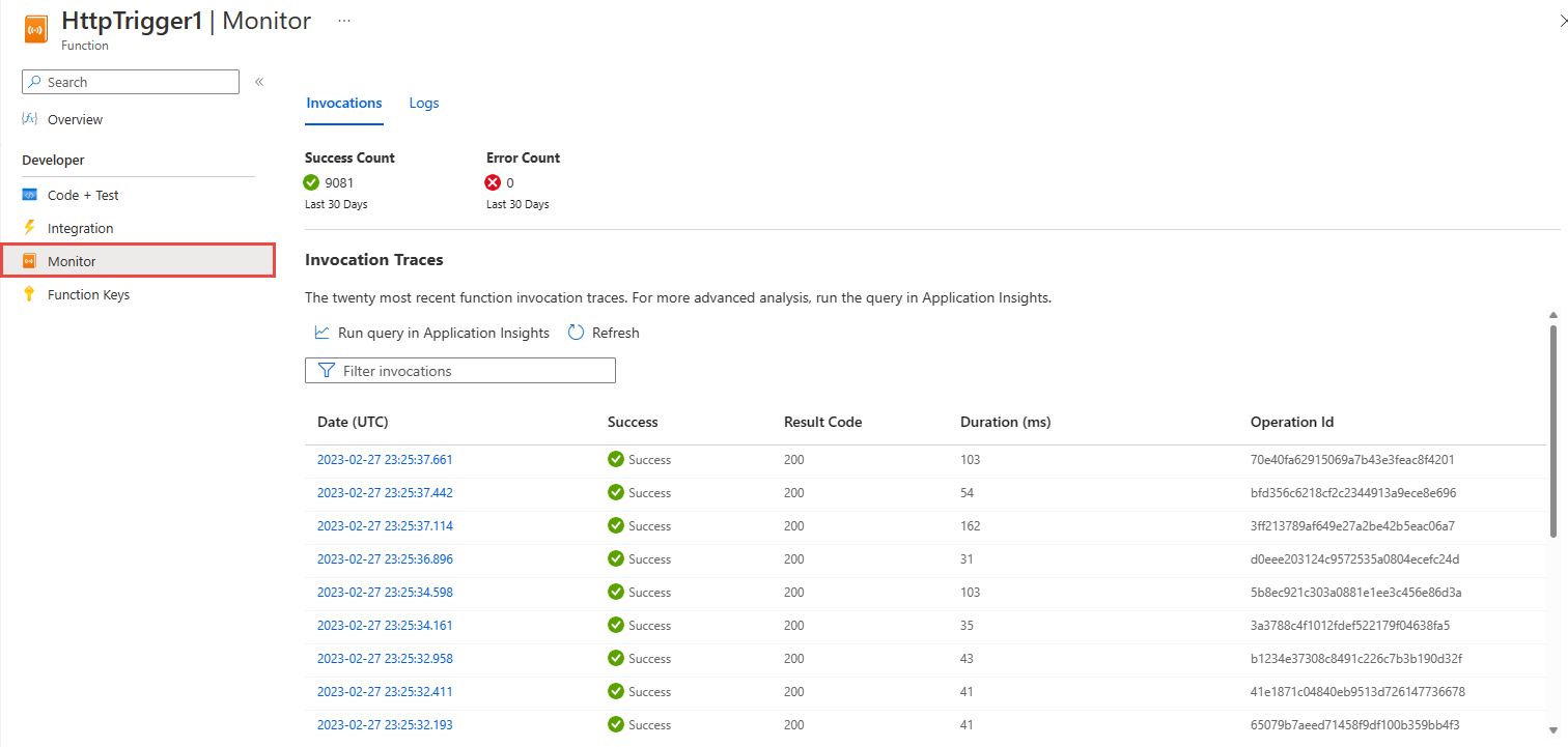 Screenshot che mostra la pagina Monitor per le Funzioni di Azure con invocazioni di funzione.