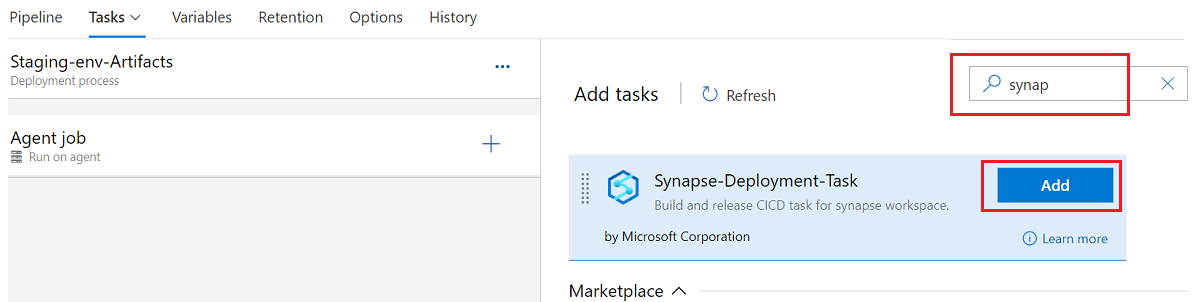 Screenshot che mostra la ricerca della distribuzione dell'area di lavoro di Synapse per la creazione di un'attività.