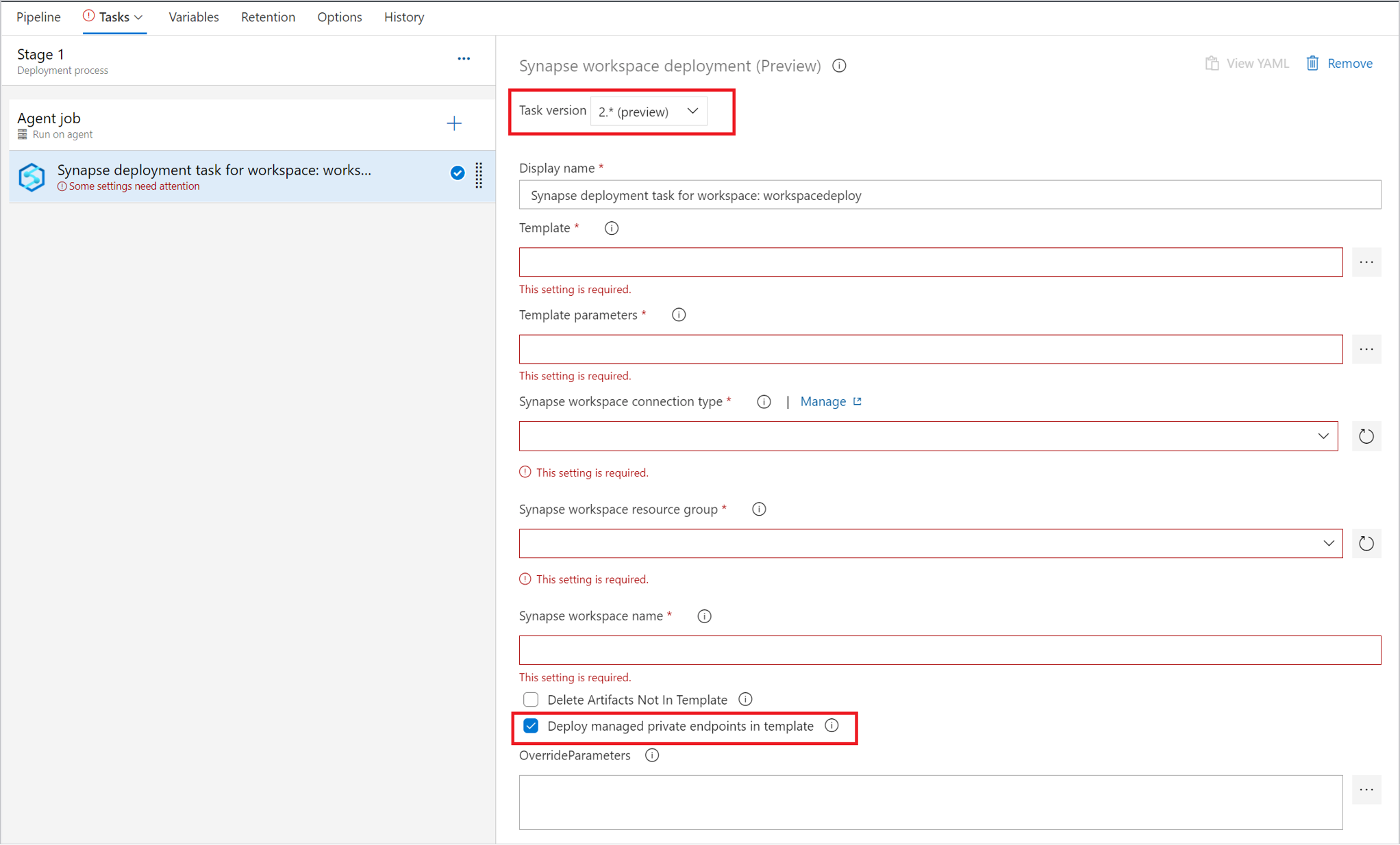 Screenshot che mostra la selezione della versione 2.x per distribuire gli endpoint privati con il task di distribuzione di Synapse.