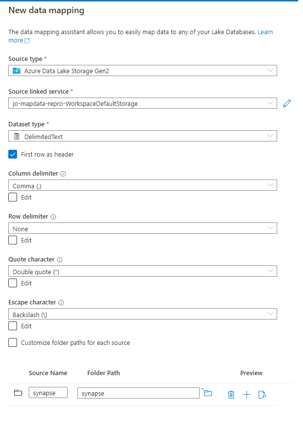 Screenshot che mostra le impostazioni di configurazione del file di dati della mappa.