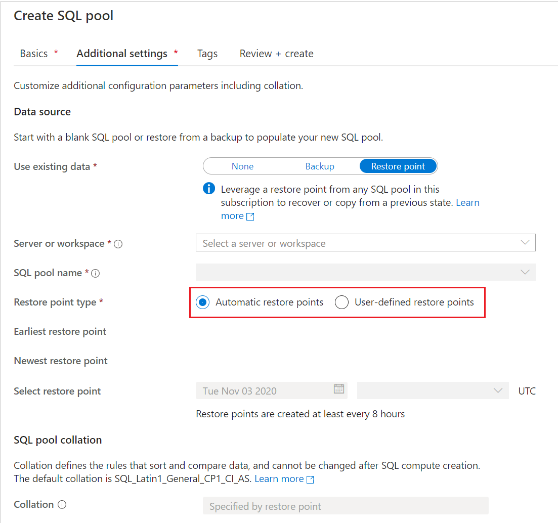 Screenshot del portale di Azure, pagina Crea pool SQL, pagina Impostazioni aggiuntive. Per Tipo di punto di ripristino, è selezionato il pulsante di opzione Punti di ripristino automatico.