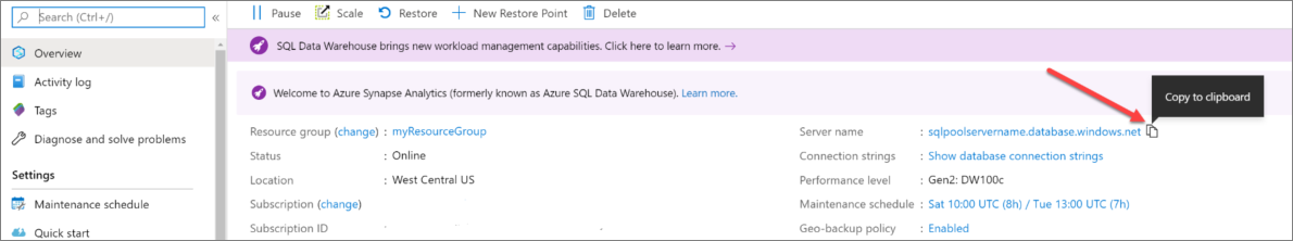 Screenshot del portale di Azure. Trovare il nome del server e copiarlo negli Appunti.