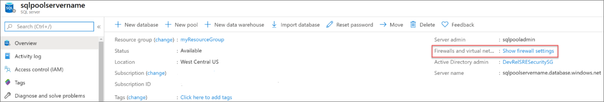 Screenshot del portale di Azure. Impostazioni del server - Mostra impostazioni del firewall.