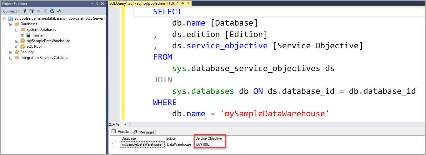 Screenshot del set di risultati di SQL Server Management Studio che mostra la DWU corrente nella colonna di obiettivo del servizio.