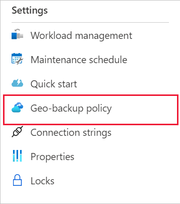 Una schermata del portale di Azure, del menu di navigazione, che mostra dove trovare la pagina dei criteri di backup geografico.