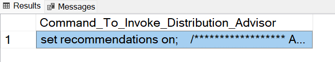 Screenshot dell'output di un risultato T-SQL che visualizza il Command_to_Invoke_Distribution_Advisor.