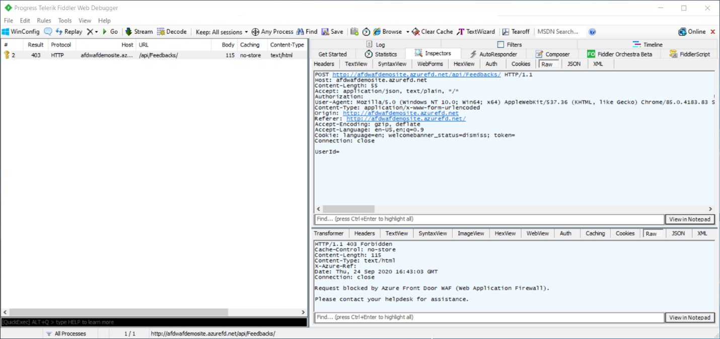 Screenshot che mostra il contenuto di una richiesta su Fiddler.