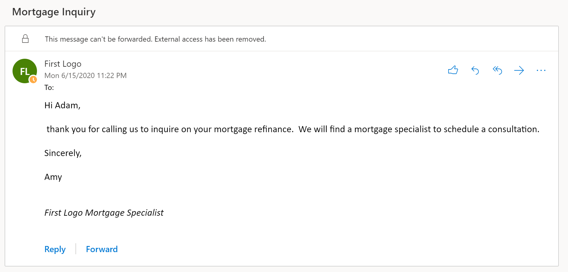 Screenshot che mostra il messaggio crittografato revocato in Outlook sul web.