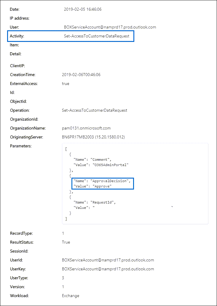 Record di controllo per una richiesta di Customer Lockbox approvata.