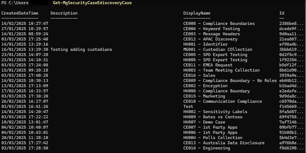 Esempio di PowerShell per l'elenco dei casi di eDiscovery.