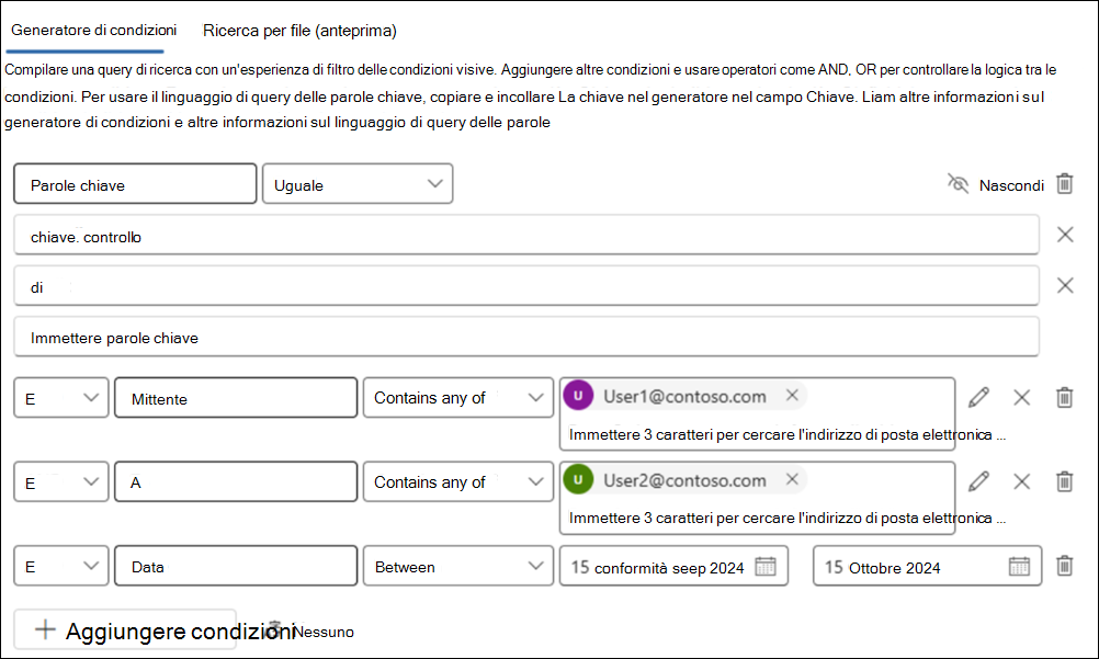 Screenshot di una ricerca del generatore di condizioni con le condizioni Keywords, Sender, To e Date configurate per una query di esempio.