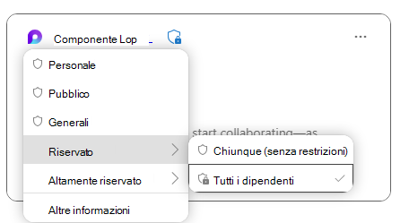 Componente Microsoft Loop che visualizza etichette di riservatezza per proteggere i dati nel componente.