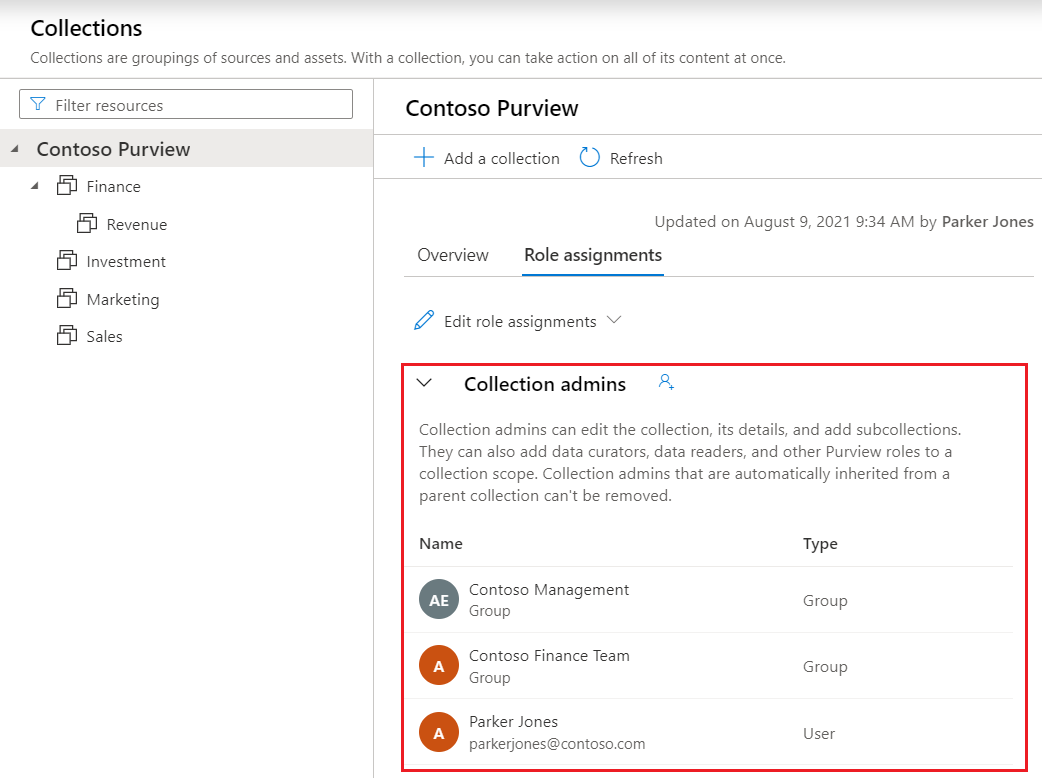 Screenshot della finestra classica del portale di governance di Microsoft Purview, aperta alla mappa dati, con la sezione dell'amministratore della raccolta evidenziata.