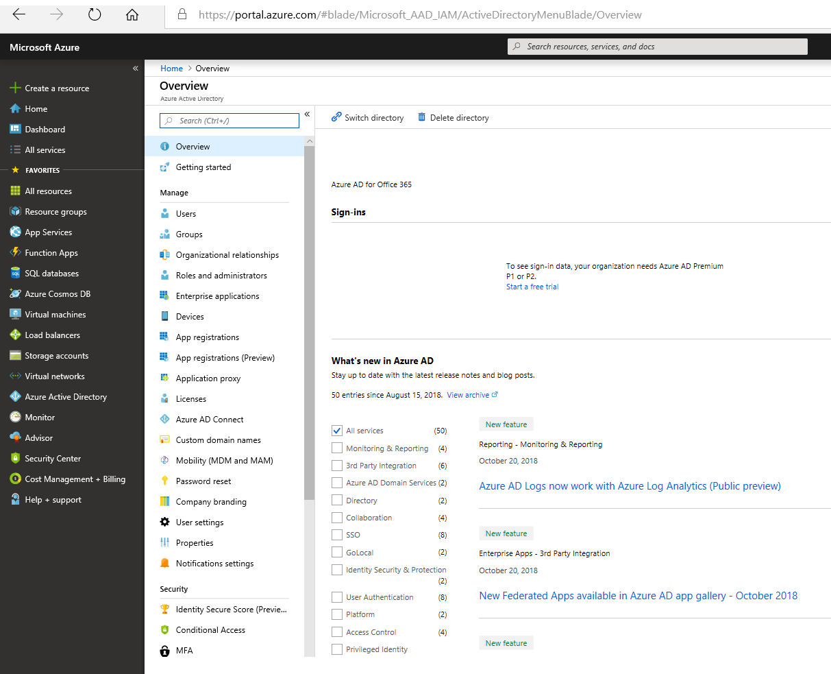 Screenshot del riquadro di spostamento a sinistra con Microsoft Entra ID selezionato nella portale di Azure.