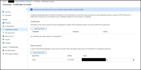 Screenshot del valore del segreto client visualizzato per la copia e il salvataggio.