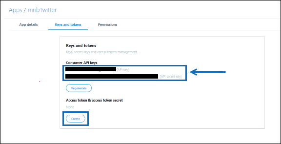 Screenshot della pagina Chiavi e token dell'app per sviluppatori di Twitter che mostra la chiave privata dell'API.