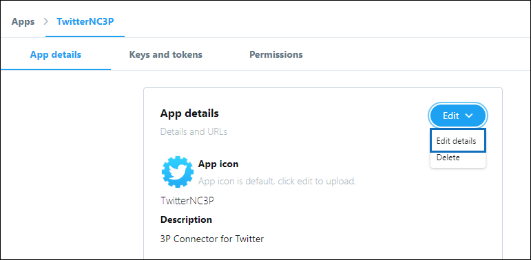 Screenshot della pagina dei dettagli dell'app Twitter con l'opzione Modifica dettagli selezionata.