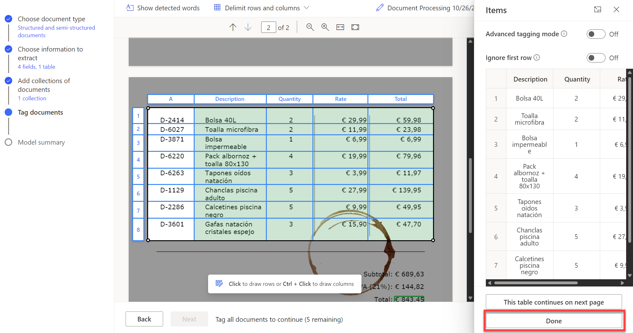 Screenshot che mostra come selezionare l'opzione quot;Finequot; una volta che la tabella è stata contrassegnata in tutte le pagine.