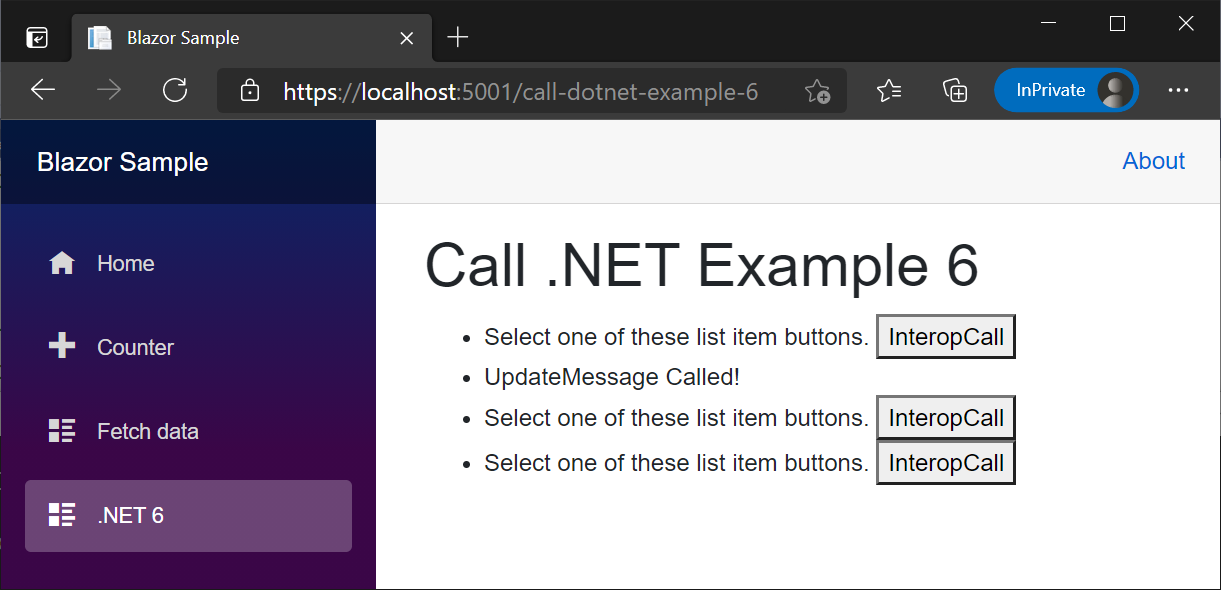 Esempio di componente 'CallDotNetExample6' sottoposto a rendering
