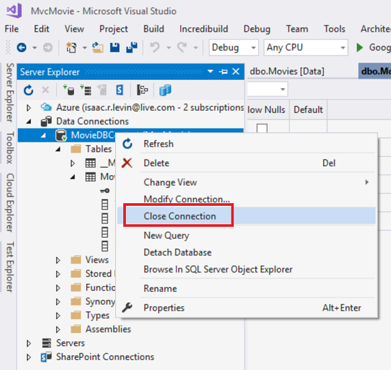 Screenshot che mostra la finestra di Server Explorer. Il menu contestuale di MovieDB Context è aperto. 