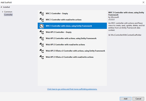 Screenshot che mostra la finestra di dialogo Aggiungi Scaffold. È selezionato Controller MVC 5 con viste, utilizzando Entity Framework.