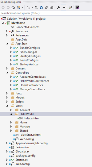 Screenshot che mostra la finestra Esplora soluzioni. La cartella Views e la sottocartella Hello World sono aperte.