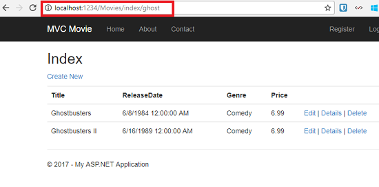 Screenshot che mostra la pagina M V C Movie Index. I due punti host locali 1 2 3 4 barre Film indice barra barra fantasma è nel campo U R L e cerchiato in rosso.